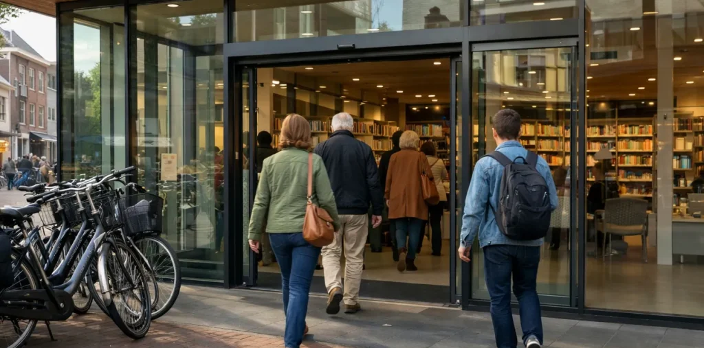Ingang van de openbare bibliotheek in Wageningen