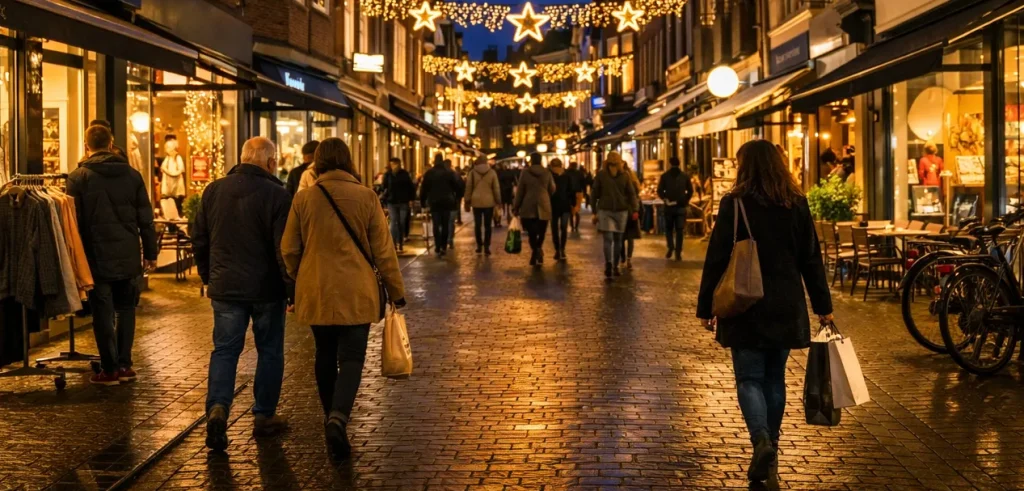 Verlichte winkelstraat in Wageningen tijdens koopavond met shoppers in de avond.