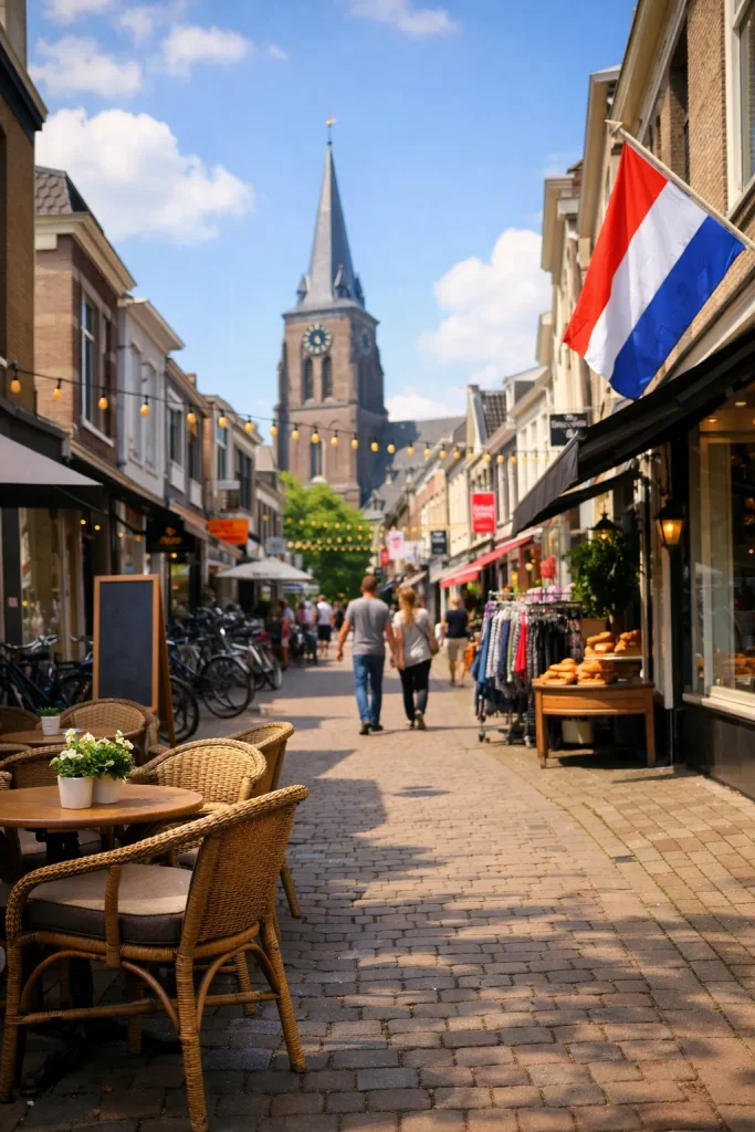Gezellige winkelstraat in Wageningen op zondagmiddag met winkels en terrassen.