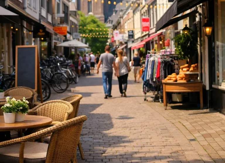 Gezellige winkelstraat in Wageningen op zondagmiddag met winkels en terrassen.