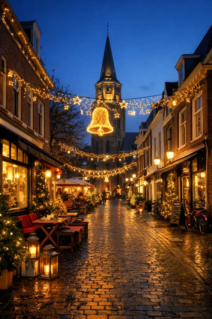 Verlichte straat in Wageningen met kerstdecoraties in de avond