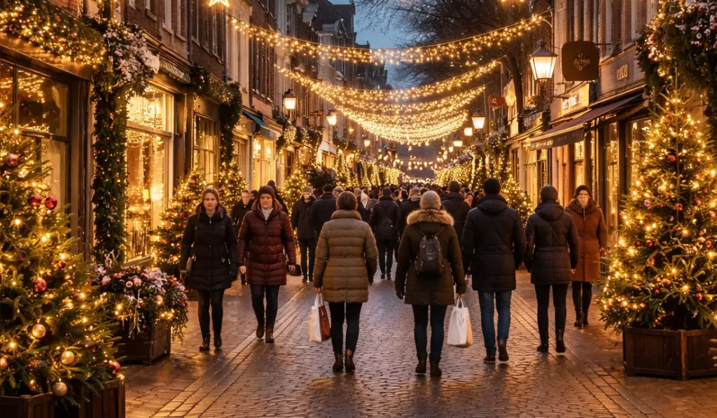 Sfeervol winkelcentrum in Wageningen met kerstverlichting en mensen die winkelen tijdens de feestdagen