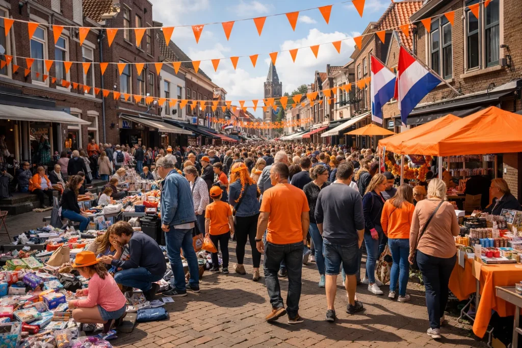 Vrijmarkt en feestelijke sfeer in het centrum van Wageningen op Koningsdag