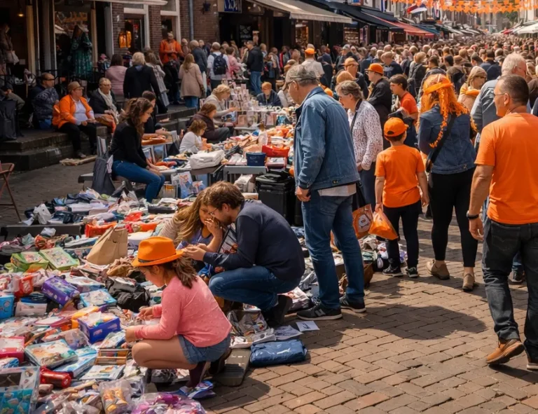Vrijmarkt en feestelijke sfeer in het centrum van Wageningen op Koningsdag
