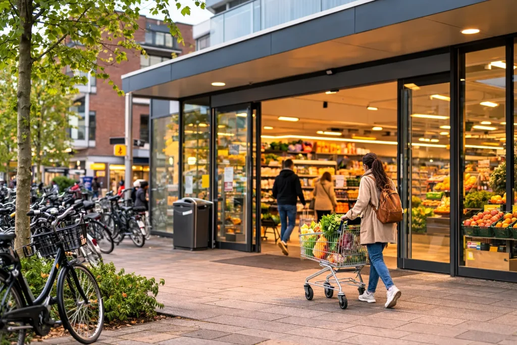 Klant loopt met winkelwagen een supermarkt binnen in Wageningen.