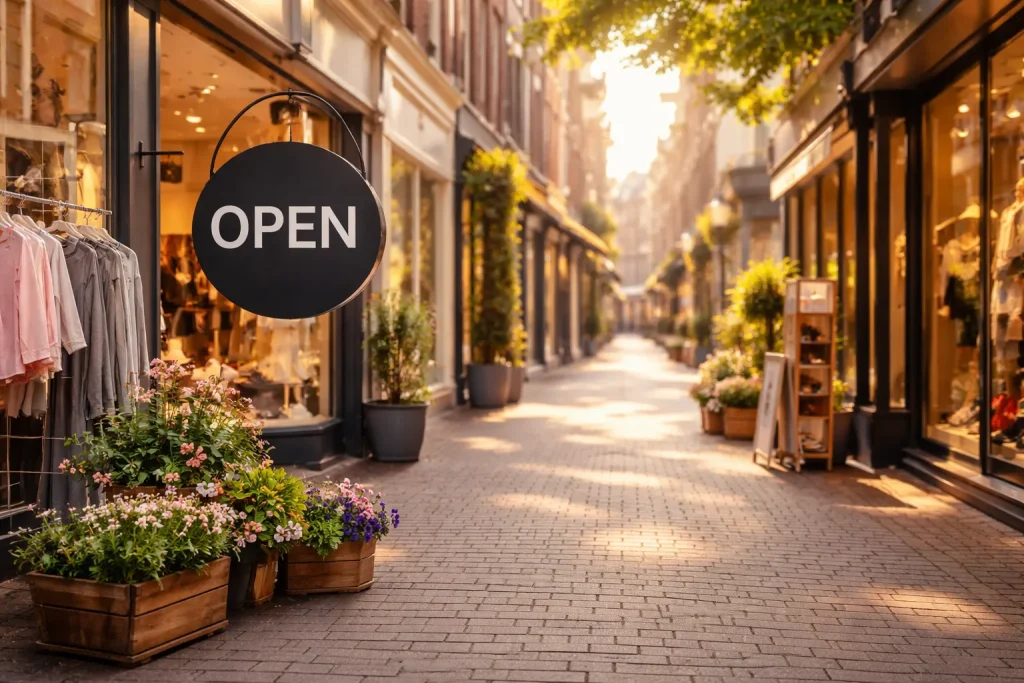 Winkelstraat met open winkels overdag