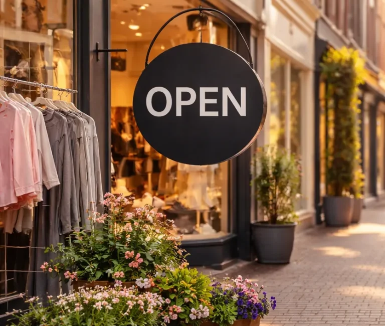 Winkelstraat met open winkels overdag