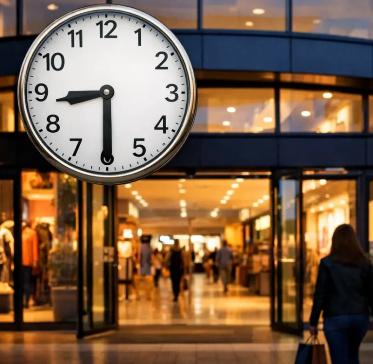 Ingang van een modern winkelcentrum met klok en shoppers in de avond