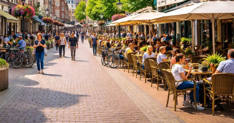 Straat in het centrum van Wageningen met winkels en terrassen