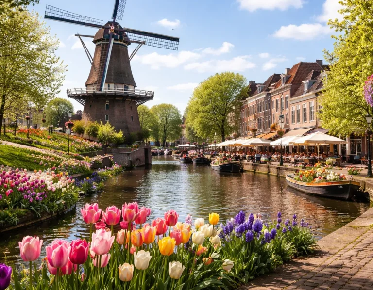 Molen naast een kanaal met bloemen en terrasjes in Wageningen op een zonnige dag.