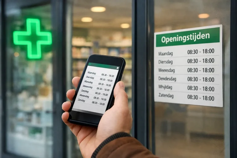 Persoon controleert openingstijden van een apotheek op smartphone bij ingang