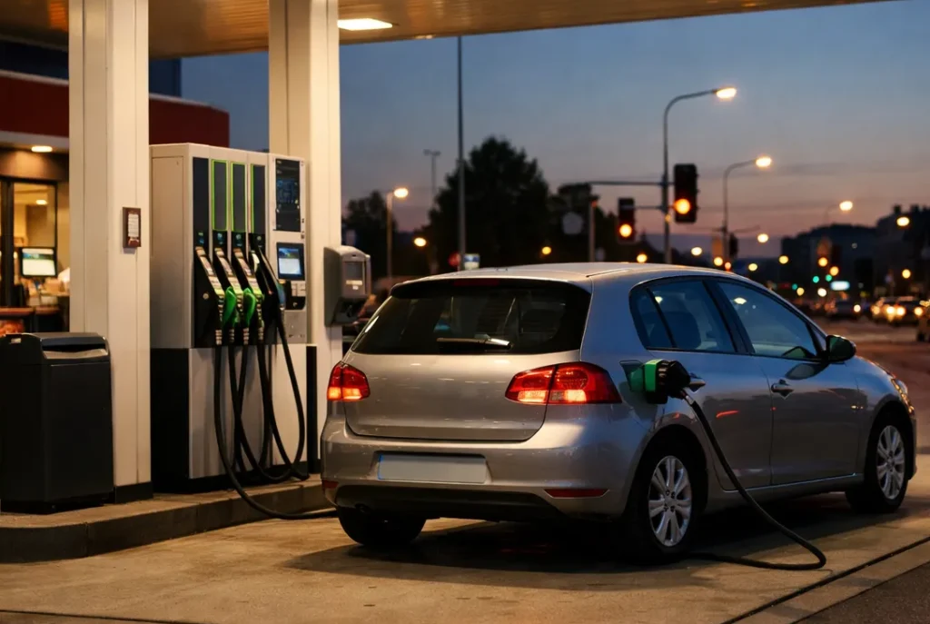 Tankstation in Wageningen met auto bij benzinepomp